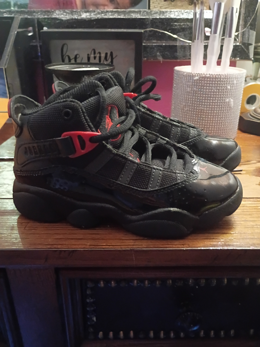 Jordan Kids Black and Red High-Top Sneakers